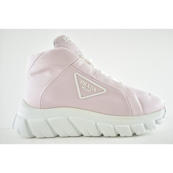 Prada Rush Piuma Nylon Pink White Platform Flat High Top Trainer Sneaker 37.5 - Picture 3 of 11